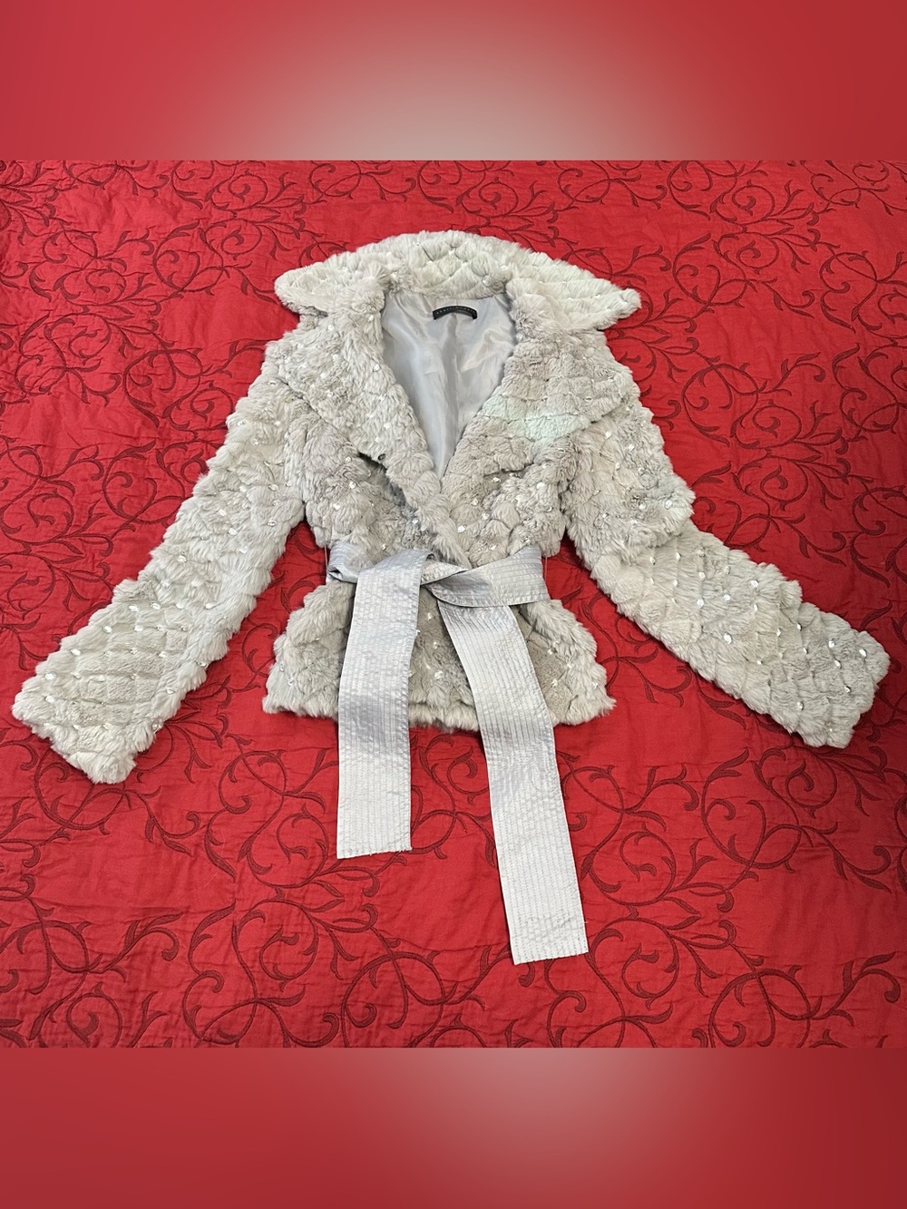 Sheri Bodell Silver Natural Rabbit Fur Belted Teddy Jacket
